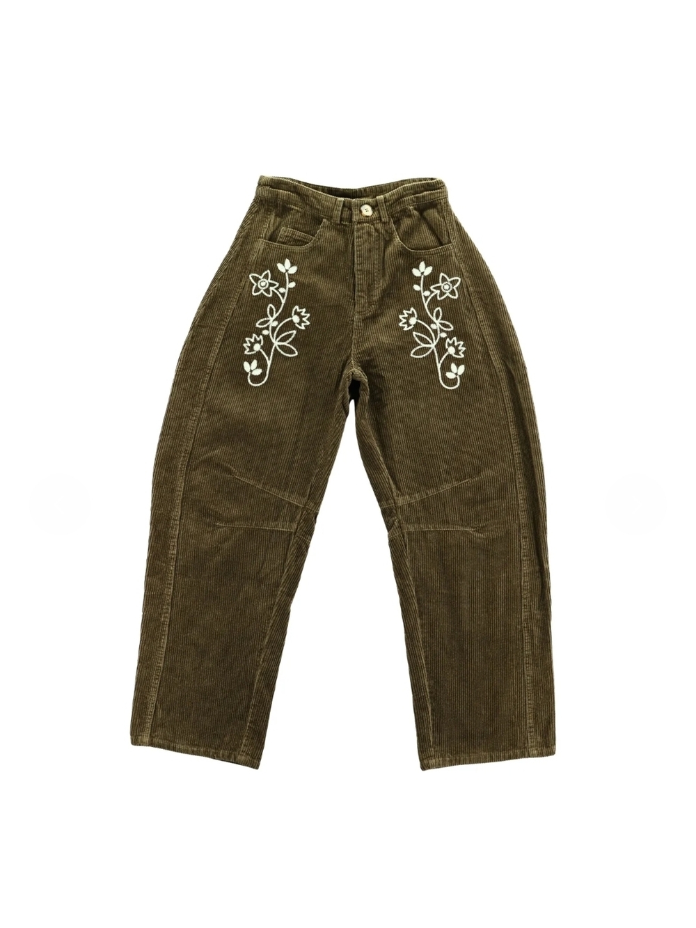 NWT Jacquie The Label SYLVIE Embroidered Barrel-leg Corduroy Olive - Picture 9 of 10